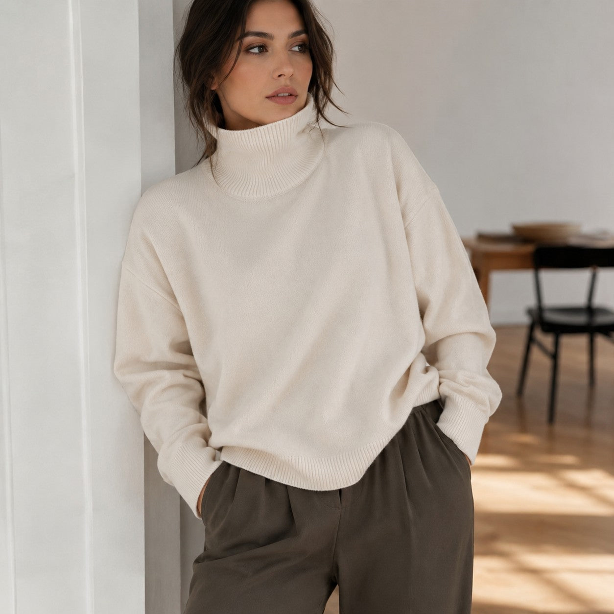 Laylace beige knitted turtleneck sweater with long sleeves and a loose fit worn by a woman leaning against a wall