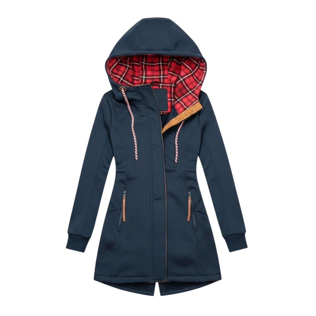 Laylace women's black fleece-lined winter coat with a red plaid hood and zipper closure