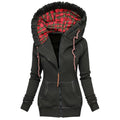 Laylace women's black fleece-lined zip-up hoodie with a red plaid hood and drawstring detail