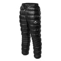 Laylace black goose down puffer pants with an elastic drawstring waistband for outdoor winter camping and hiking