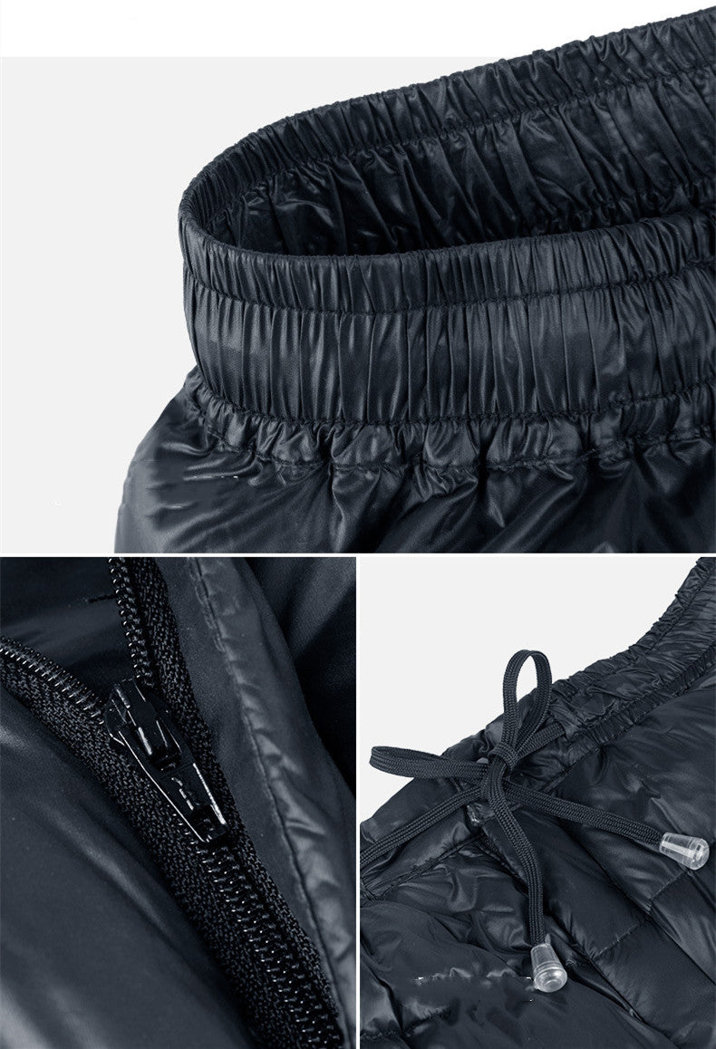 Laylace black puffer pants featuring an elastic waistband, drawstring closure, and durable nylon construction.