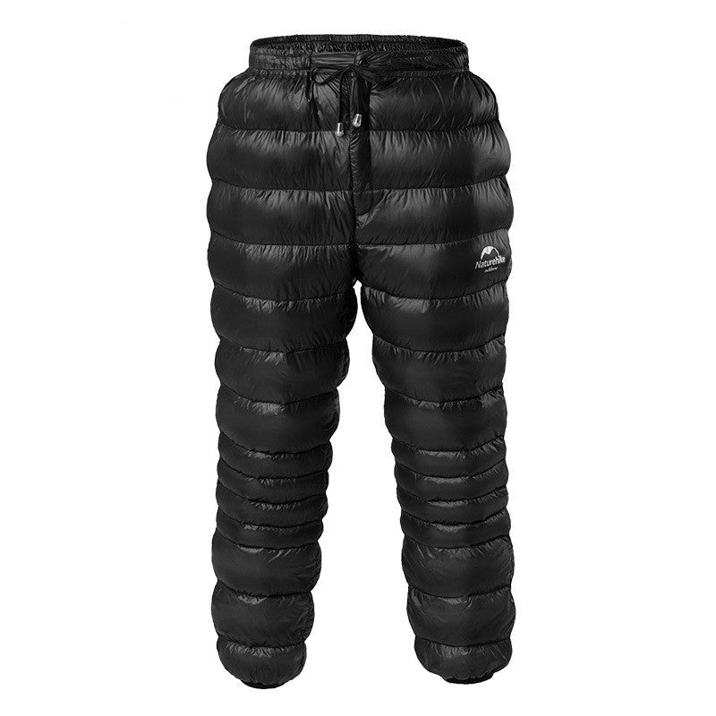 Laylace black goose down insulated puffer pants with an elastic drawstring waist for winter outdoor activities