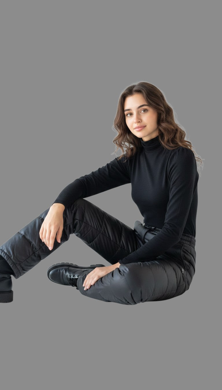 Laylace black goose down puffer pants worn by a woman sitting, featuring a water-resistant nylon shell and relaxed fit.