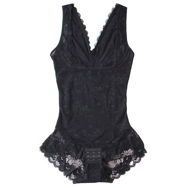 Laylace black seamless shapewear bodysuit with lace trim, V-neckline, and convenient bottom hook-and-eye closure