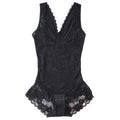 Laylace black seamless shapewear bodysuit with lace trim, V-neckline, and convenient bottom hook-and-eye closure