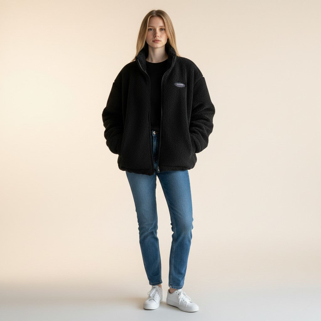Laylace black double-sided lambswool winter coat with a warm wool lining worn by a model with blue jeans