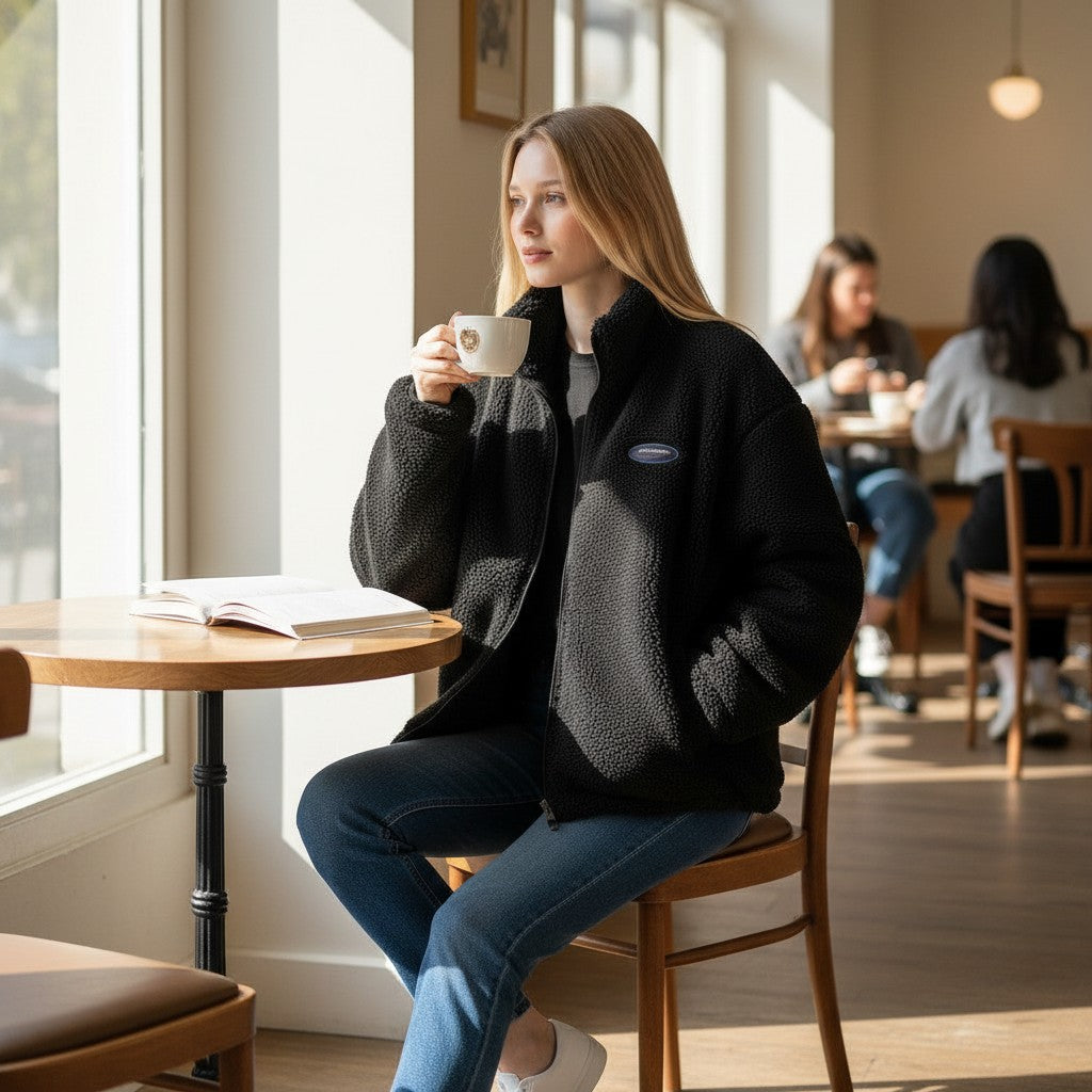 Laylace black lambswool zip-up jacket worn by a woman sitting in a cafe with a coffee cup