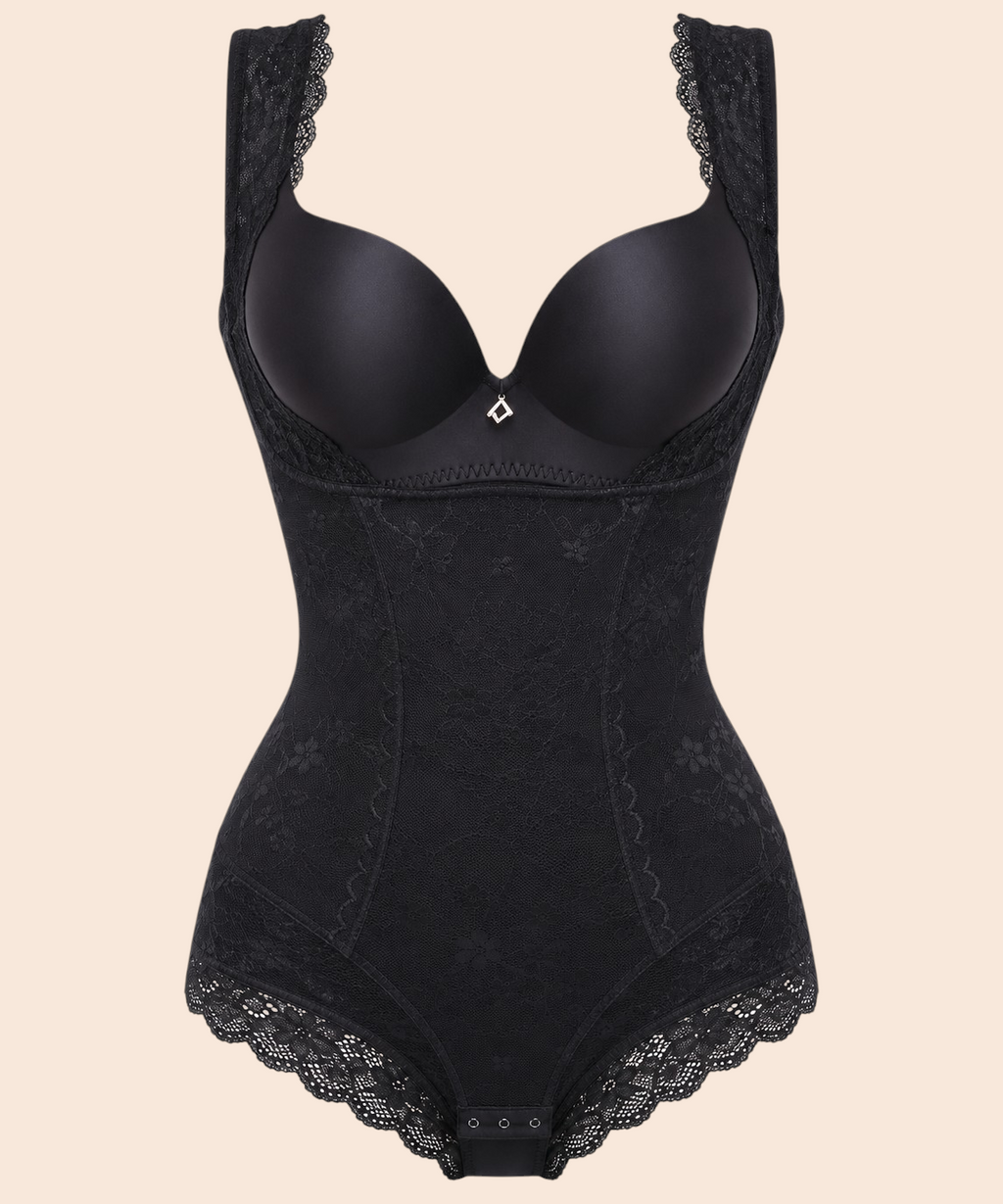Laylace black seamless shapewear bodysuit with lace trim, supportive cups, and adjustable buckle closure