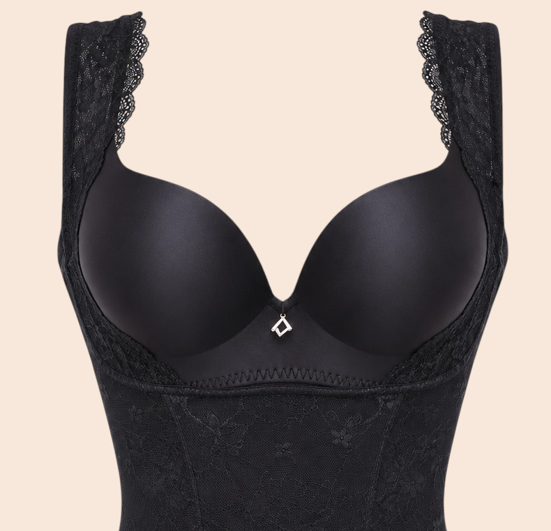 Laylace black seamless shapewear bodysuit with lace straps and supportive chest gathering design