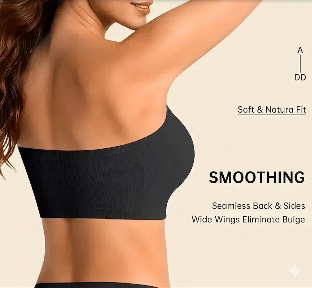 Laylace black wireless strapless bandeau bra with seamless smoothing sides and wide wings for a comfortable fit