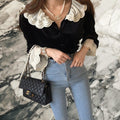 Laylace black velvet shirt featuring a double-layered white scalloped lace Peter Pan collar and flared bell cuffs.