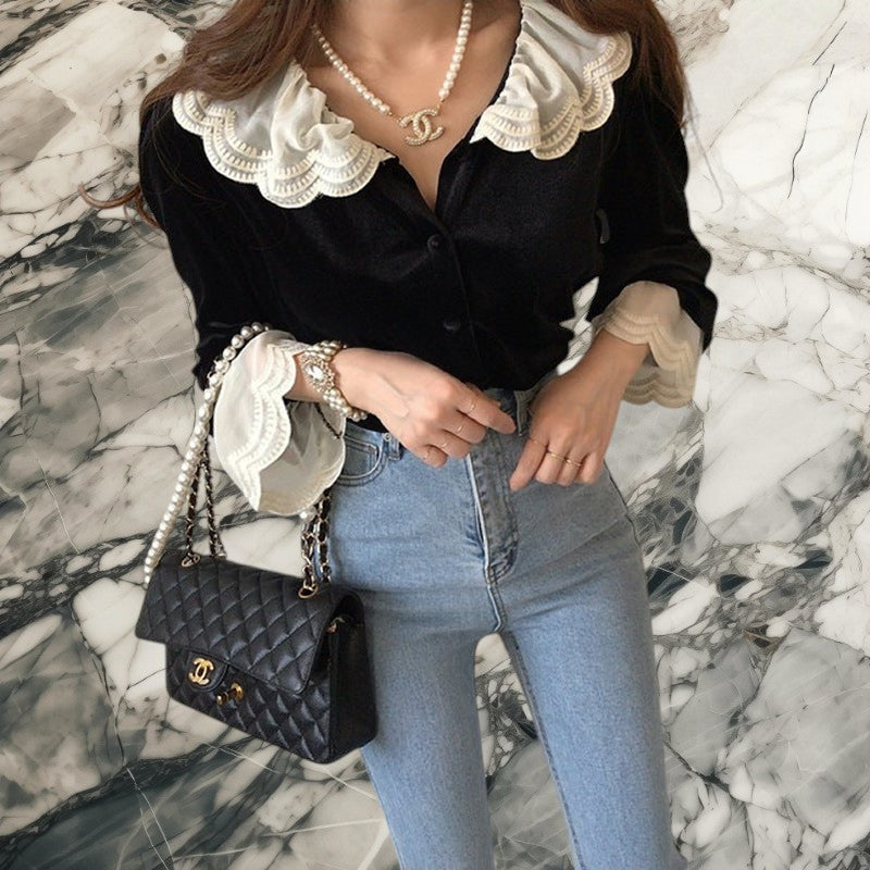 Laylace black velvet shirt featuring a double-layered white scalloped lace Peter Pan collar and flared bell cuffs.