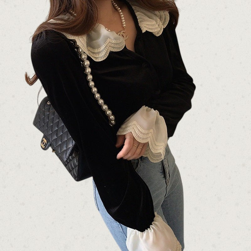 Laylace black velvet shirt featuring a double-layered scalloped lace Peter Pan collar and flared bell cuffs.