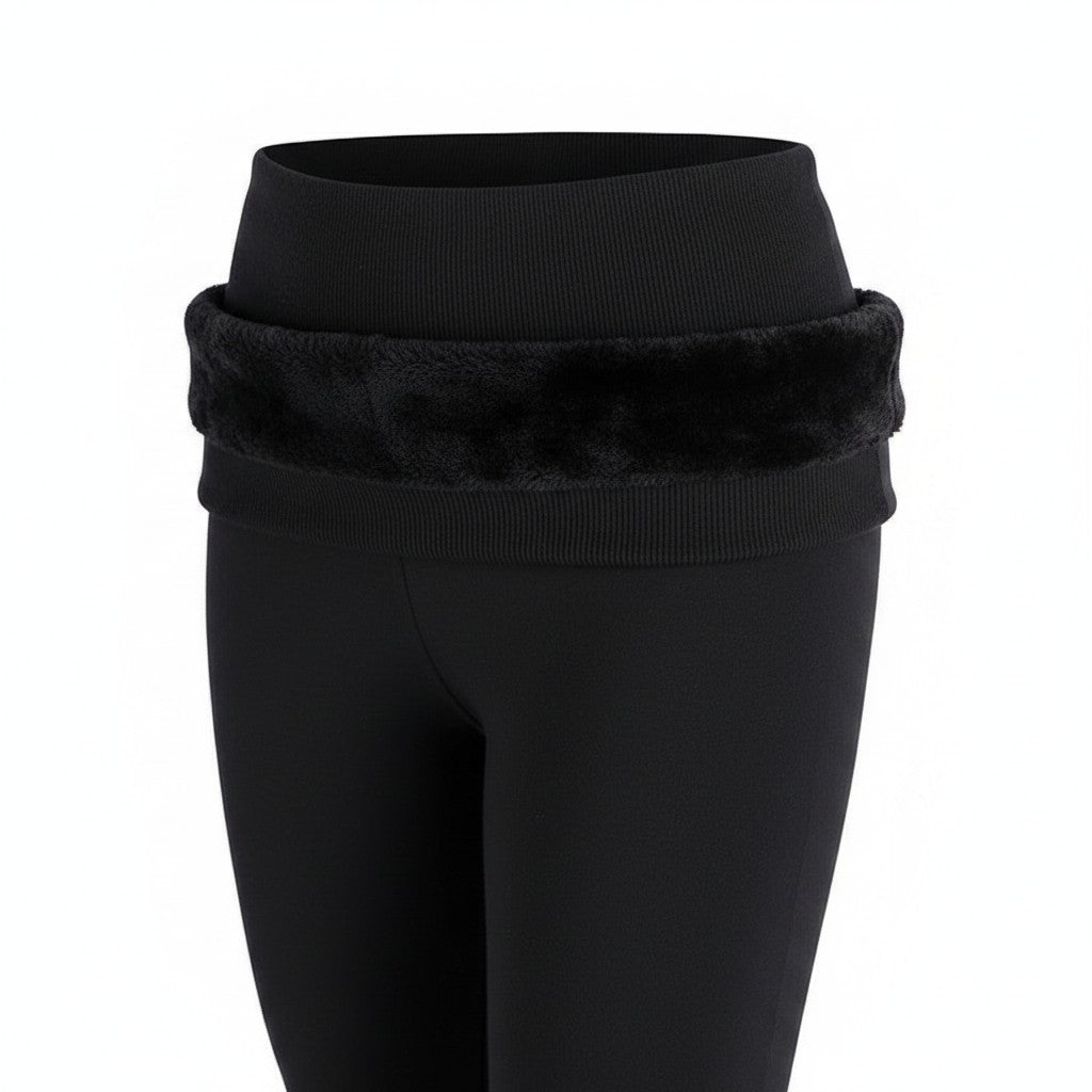 Laylace plus size black winter leggings with a thick velvet lining and high-waisted ribbed waistband for warmth.