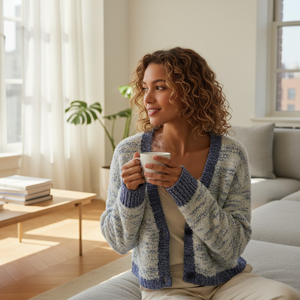 Laylace blue color contrast cardigan sweater with long sleeves worn by a woman holding a warm mug in a bright room