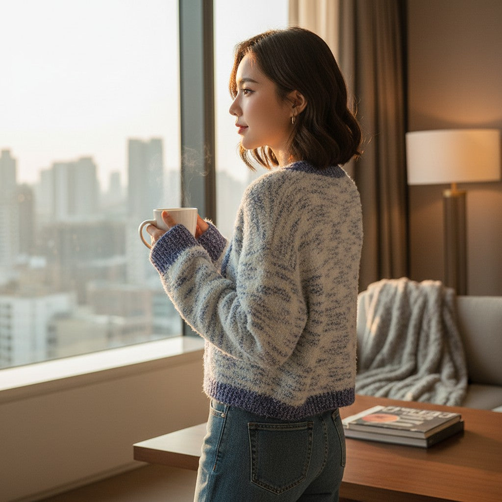 Laylace blue and white color-contrast knit cardigan sweater worn by a woman holding a steaming mug by a window