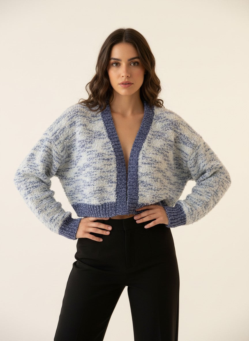 Laylace blue short cardigan sweater with long sleeves and color contrast trim worn by a model