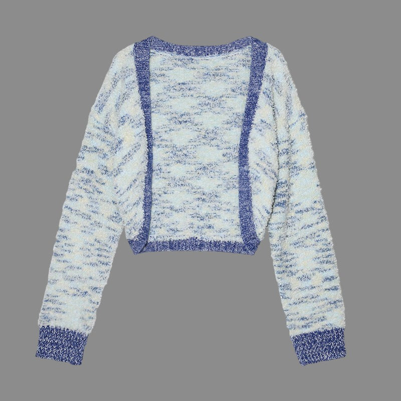Laylace blue cropped cardigan sweater with long sleeves and color contrast trim in a soft knit fabric