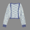 Laylace blue cropped cardigan sweater with long sleeves and color contrast trim in a soft knit fabric