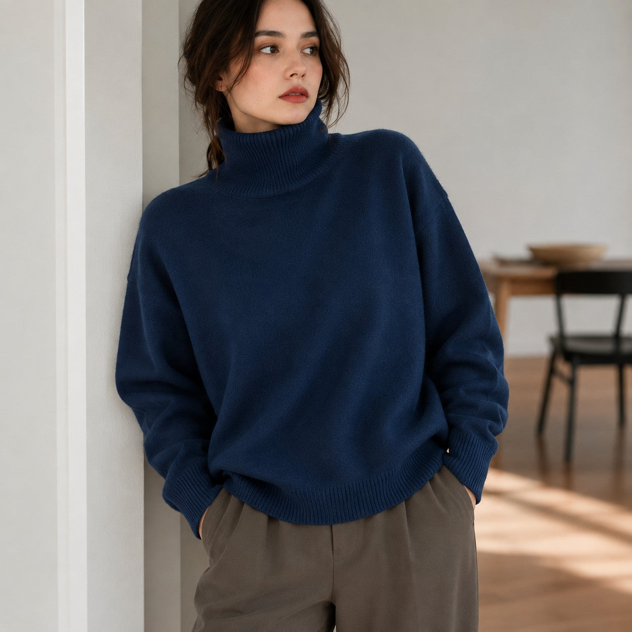 Laylace blue knitted turtleneck sweater with long sleeves and a loose fit worn by a woman leaning against a wall