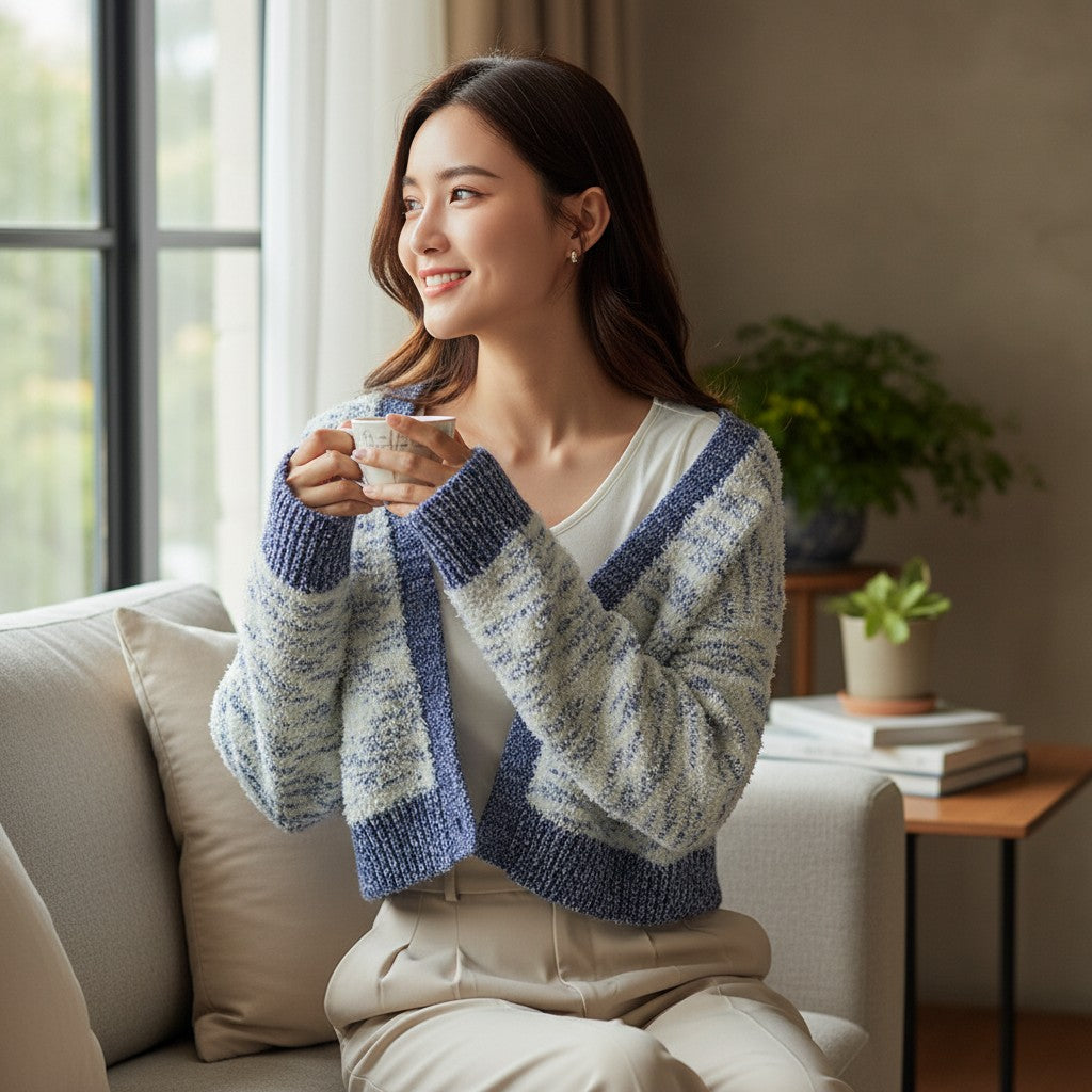 Laylace blue color-contrast short cardigan sweater with long sleeves worn by a woman holding a cup in a cozy room