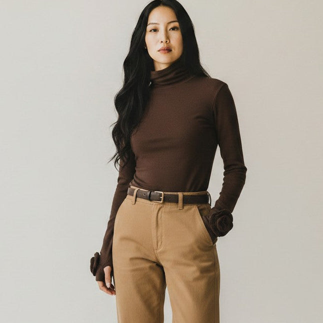 Laylace brown long sleeve turtleneck top with 3D rose cuff details worn by a model with tan trousers and sneakers