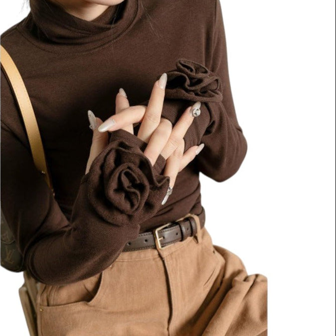 Laylace brown long sleeve turtleneck top with 3D rose floral cuff embellishments and soft micro velvet lining