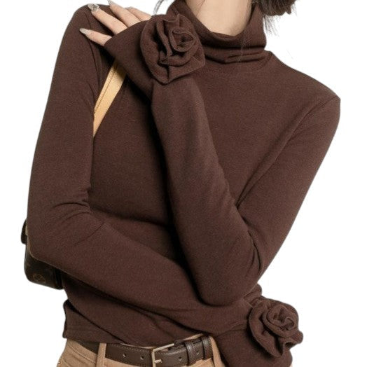 Laylace brown long sleeve turtleneck top featuring 3D rose floral embellishments on the cuffs and soft velvet lining.