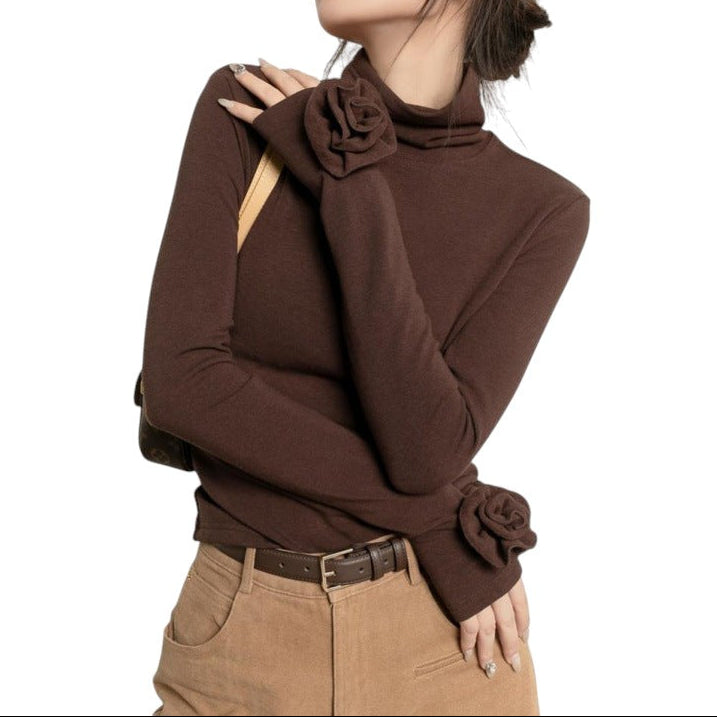 Laylace brown long sleeve turtleneck top with 3D rose floral cuff embellishments and soft micro velvet lining