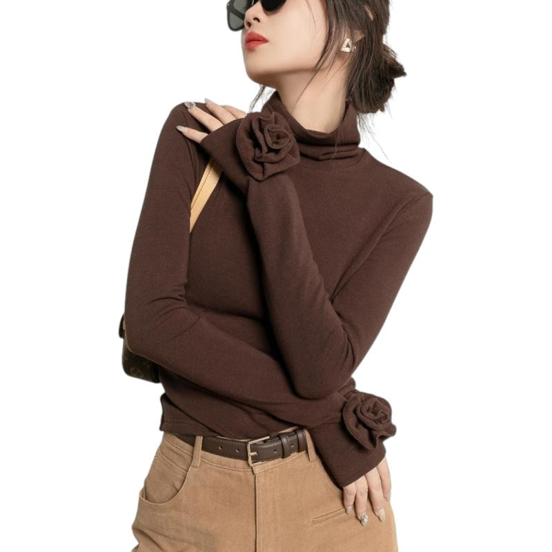 Laylace brown long sleeve turtleneck top with 3D rose floral cuff embellishments and soft micro velvet lining
