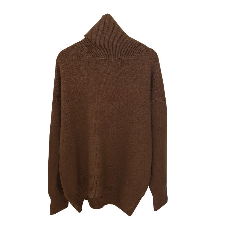Laylace brown loose-fit knitted turtleneck sweater with long sleeves for autumn and winter