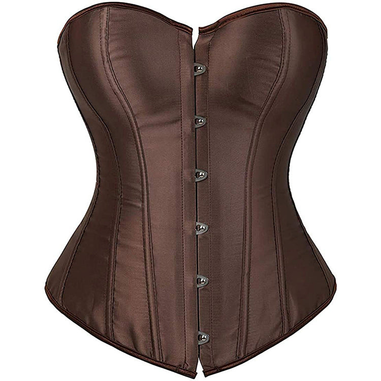 Laylace brown satin strapless corset top front view with boned structure and hook front closure