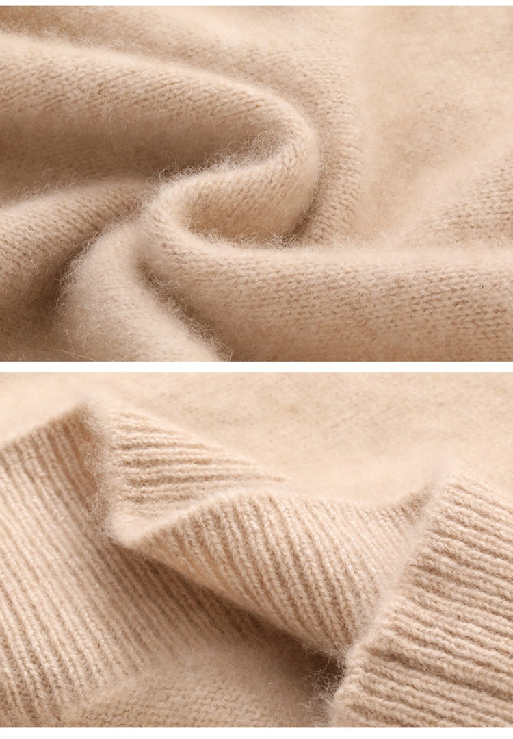 Close-up of Laylace camel cashmere turtleneck sweater showing the soft, thick knit texture and ribbed hem detail.