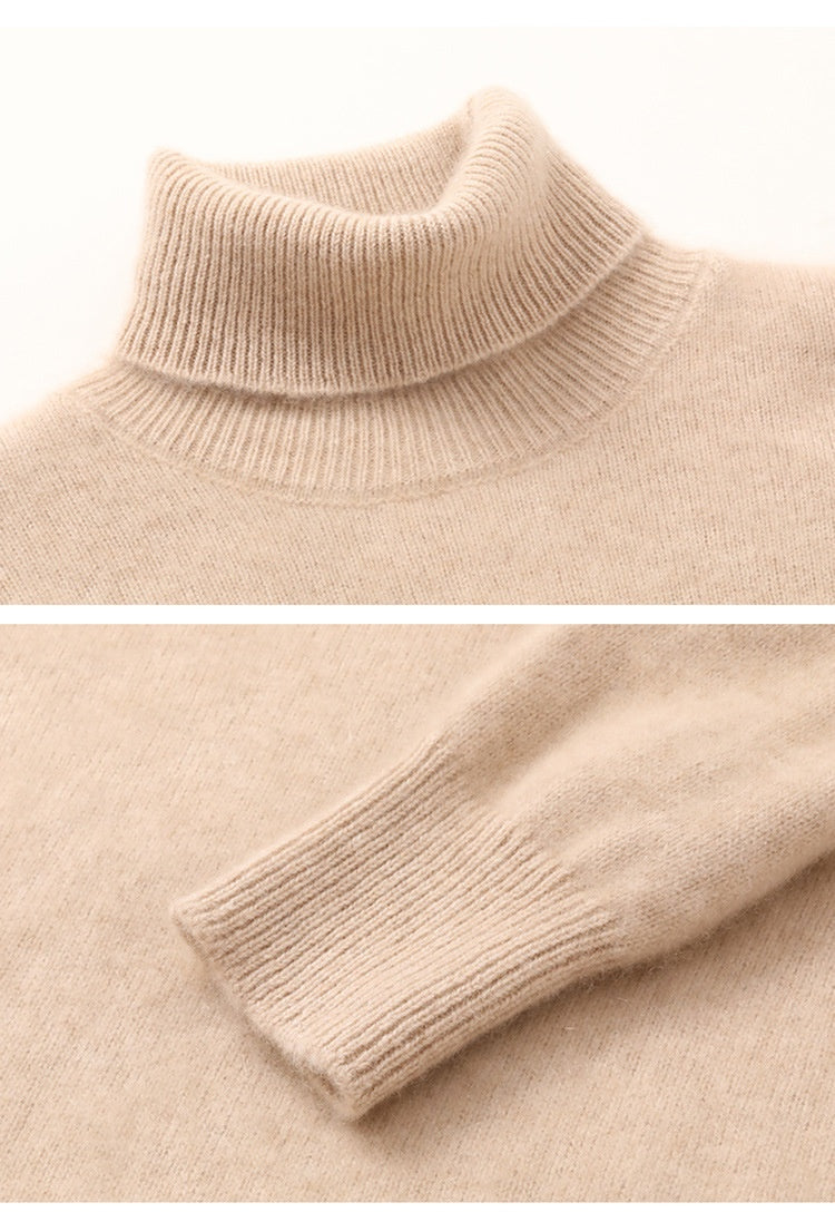 Close-up of a Laylace thick camel cashmere turtleneck sweater featuring a ribbed high neck and ribbed sleeve cuff.
