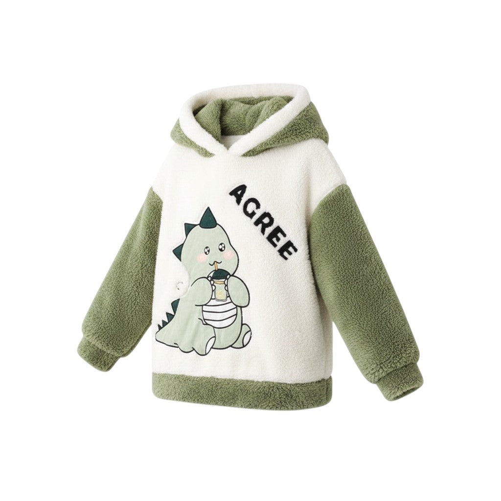 Laylace cozy cream and green flannel hoodie featuring a cute cartoon dinosaur print and long sleeves for winter wear.