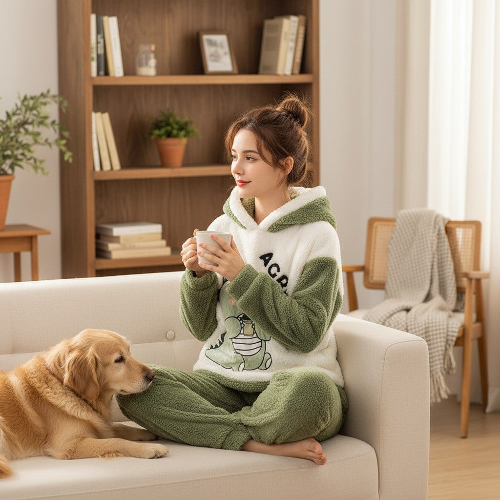 Laylace women's cozy green and white flannel pajama suit with cartoon dinosaur print and hooded long sleeve top