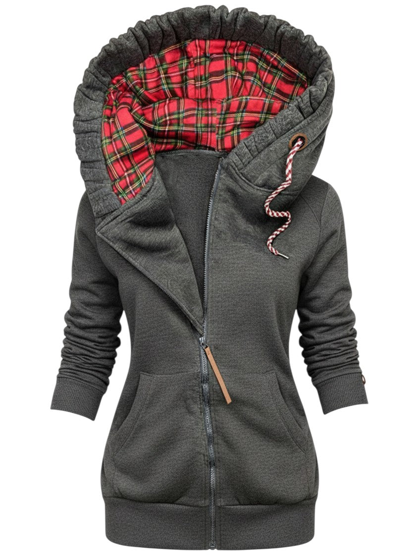 Laylace women's dark gray fleece-lined zip-up hoodie featuring a red plaid hood lining and casual stitching details.