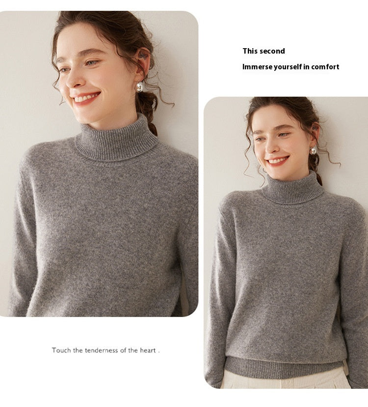 A woman wearing a gray Laylace thick cashmere turtleneck sweater with a soft knit texture and long sleeves.
