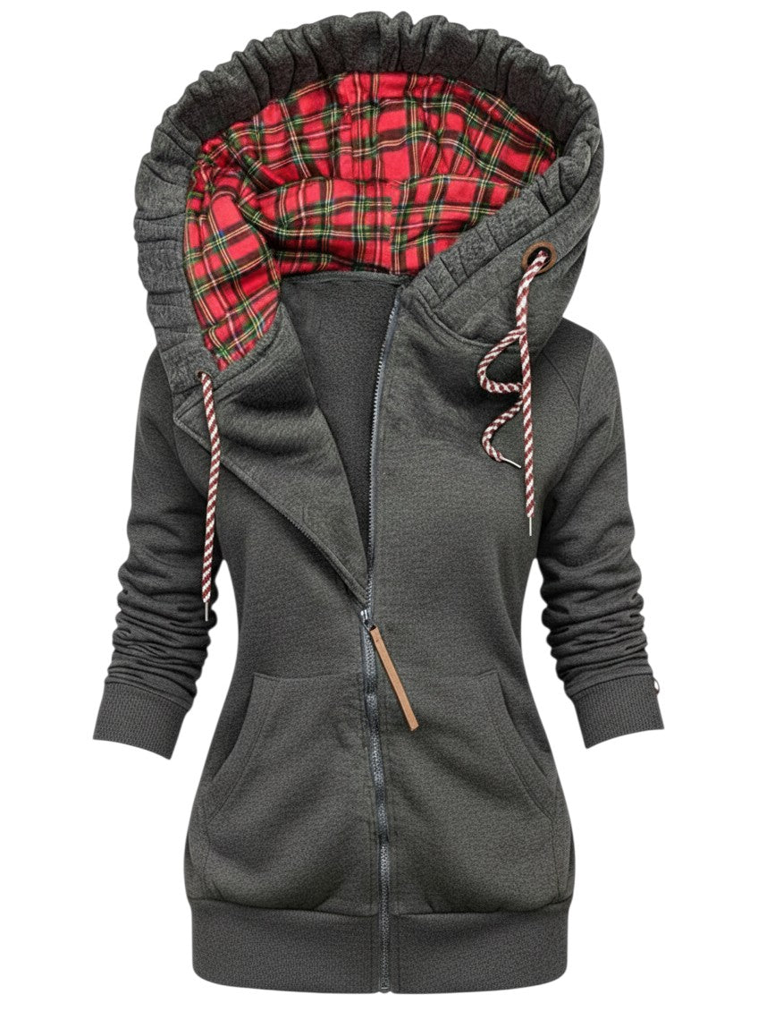 Laylace women's gray fleece-lined zip-up hoodie featuring a red plaid hood lining and casual autumn winter style.