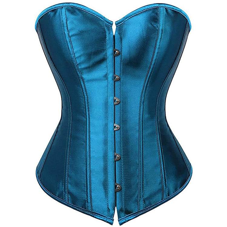 Laylace Blue strapless corset top with black edge trim, boned structure and hook front closure