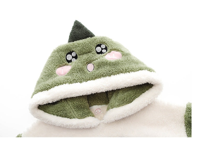 Laylace green dinosaur flannel hoodie with soft white trim and cute cartoon face details for cozy winter loungewear