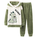 Laylace green and white flannel pajama set featuring a cute cartoon dinosaur print and a cozy hooded sweatshirt