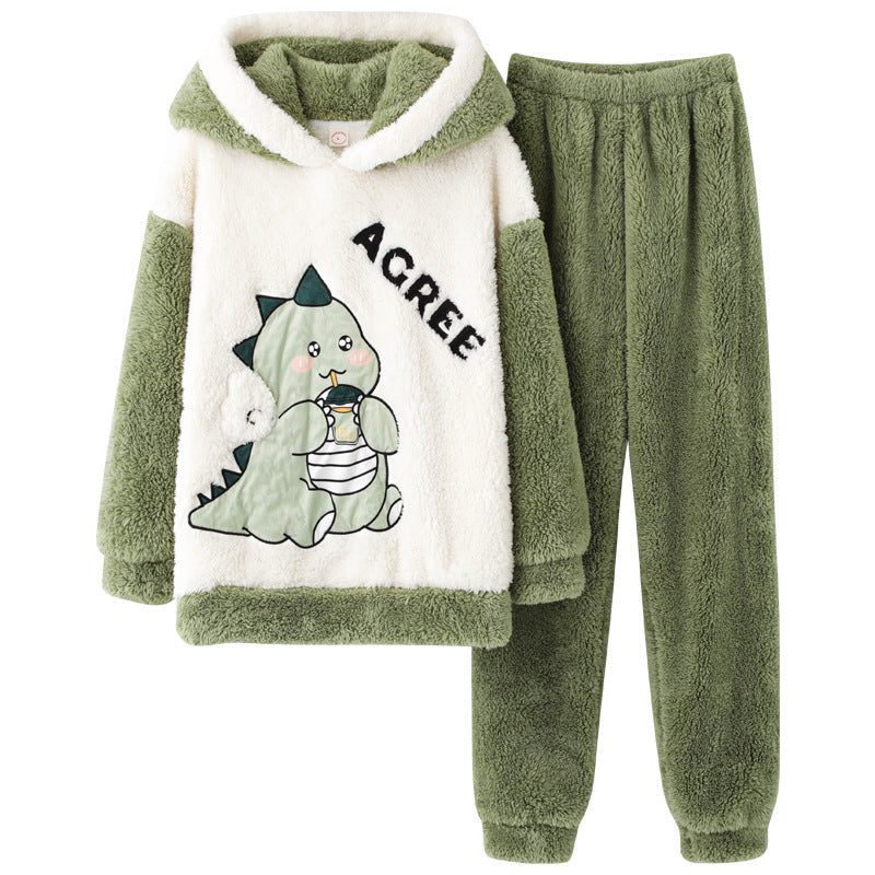 Laylace green and white flannel pajama set featuring a cute cartoon dinosaur print and a cozy hooded sweatshirt