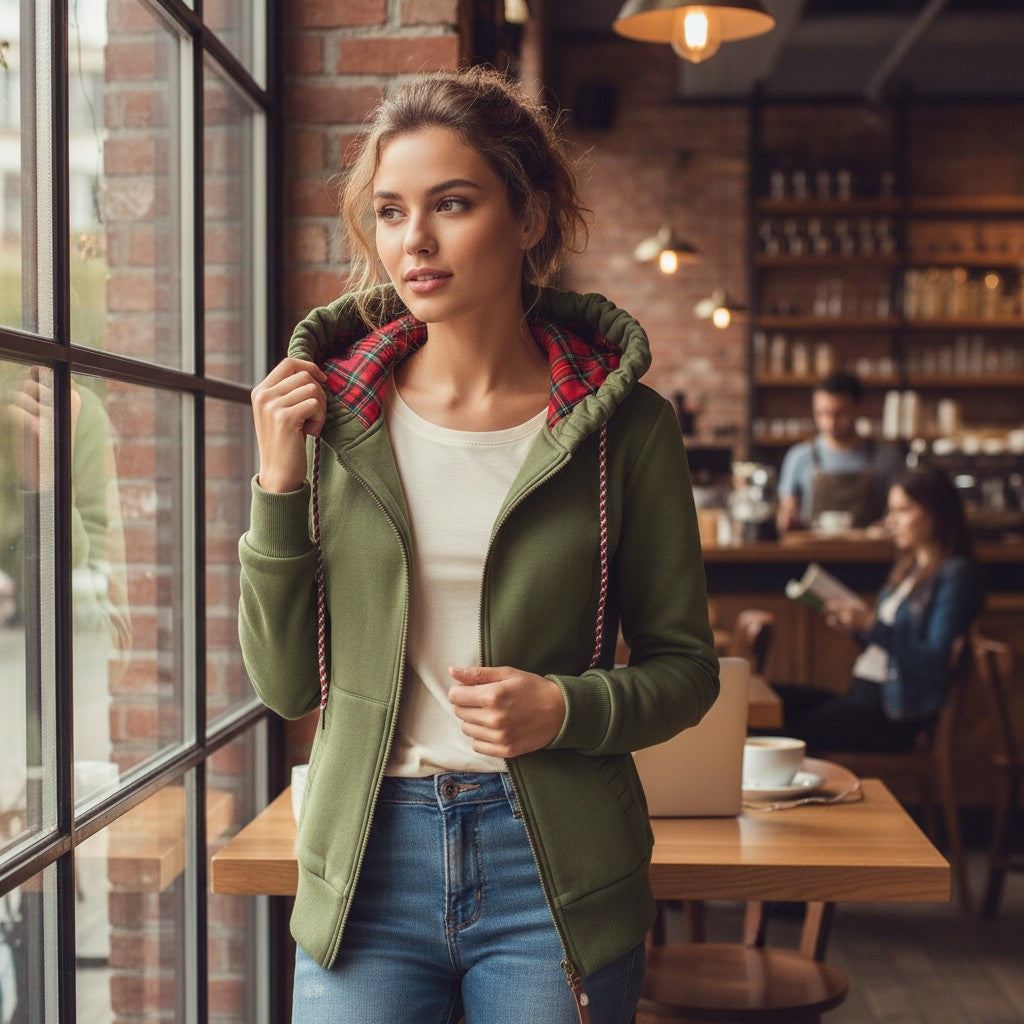Laylace green fleece-lined hooded zip-up coat with red plaid interior detail worn by a woman in a cafe