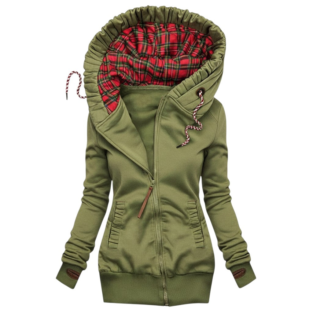 Laylace green fleece-lined winter coat with a large hood and red plaid interior pattern, featuring a front zipper.