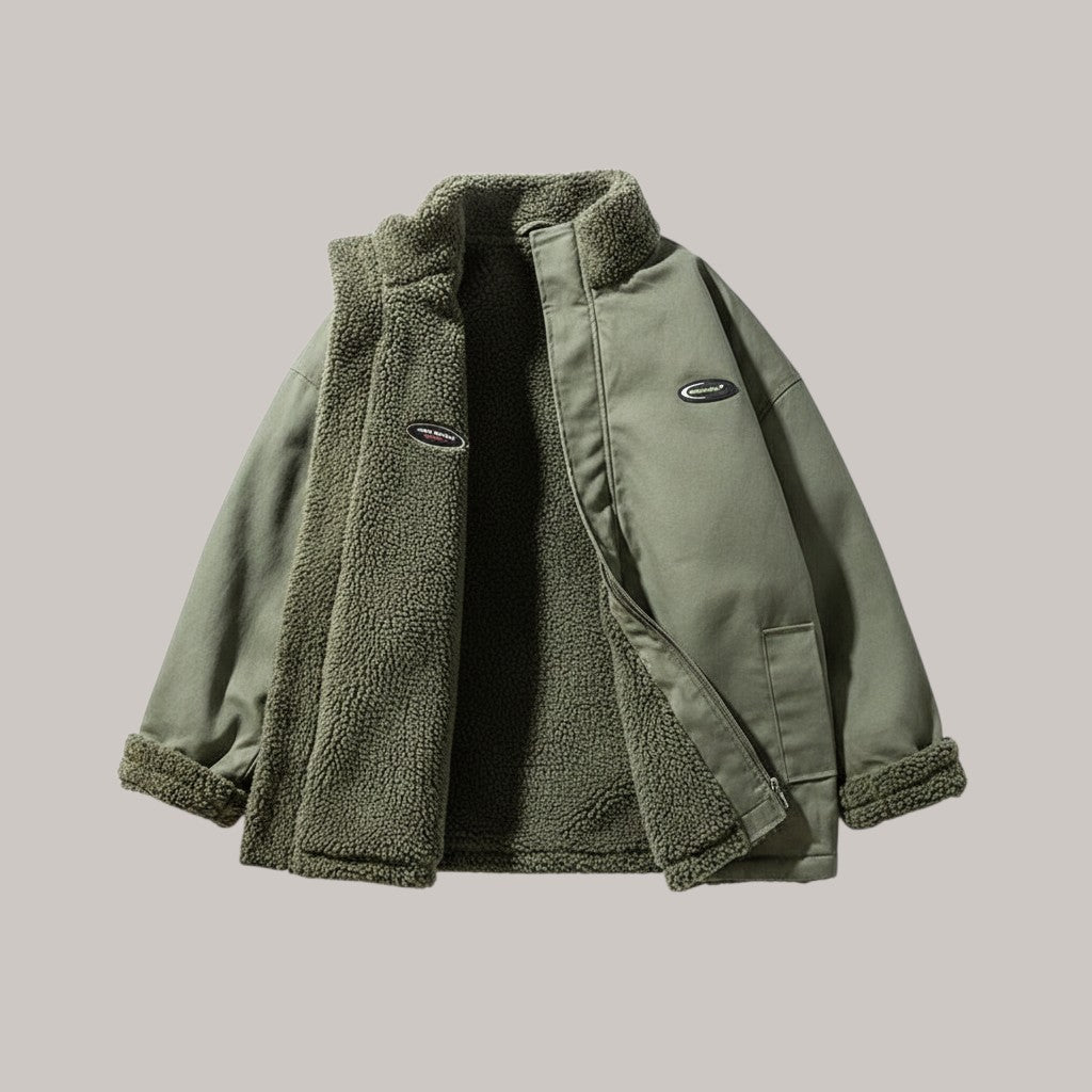 Laylace green double-sided winter coat with lambswool lining and cotton-padded construction for men