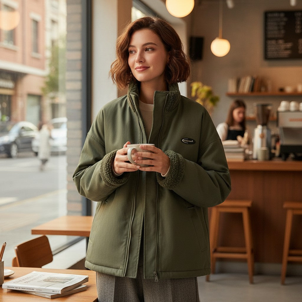 Laylace green double-sided lambswool winter coat with a high collar and warm lining worn by a woman in a cafe