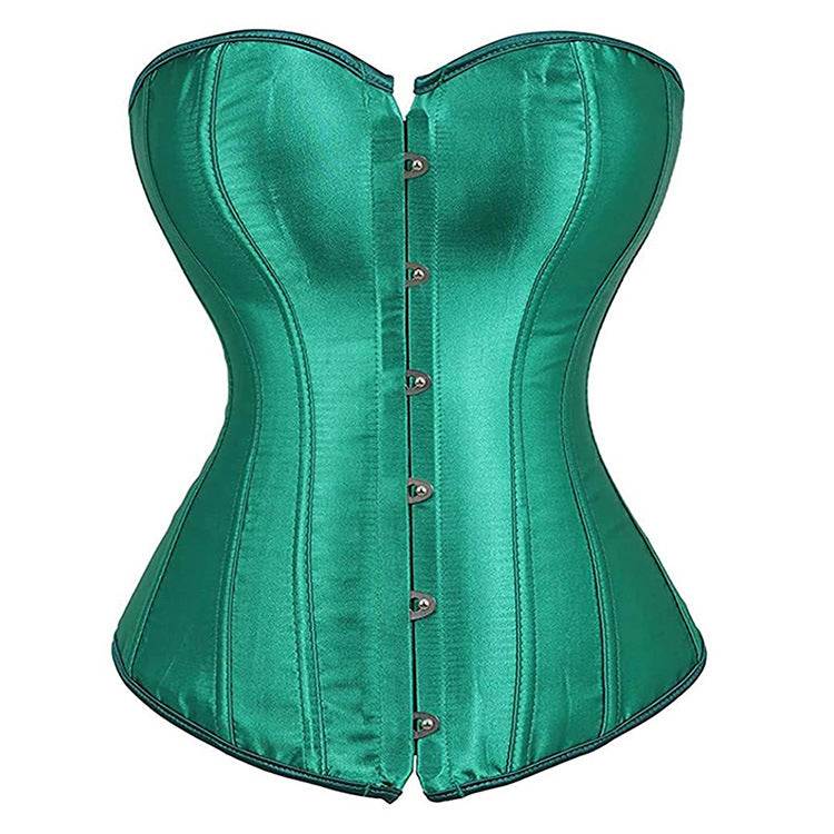 Laylace green satin strapless corset top front view with boned structure and hook front closure