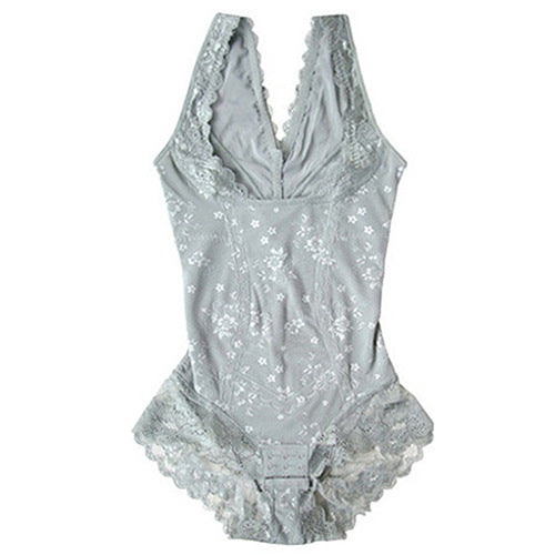 Laylace seamless grey floral shapewear bodysuit with lace trim, featuring a supportive design for waist and hips.