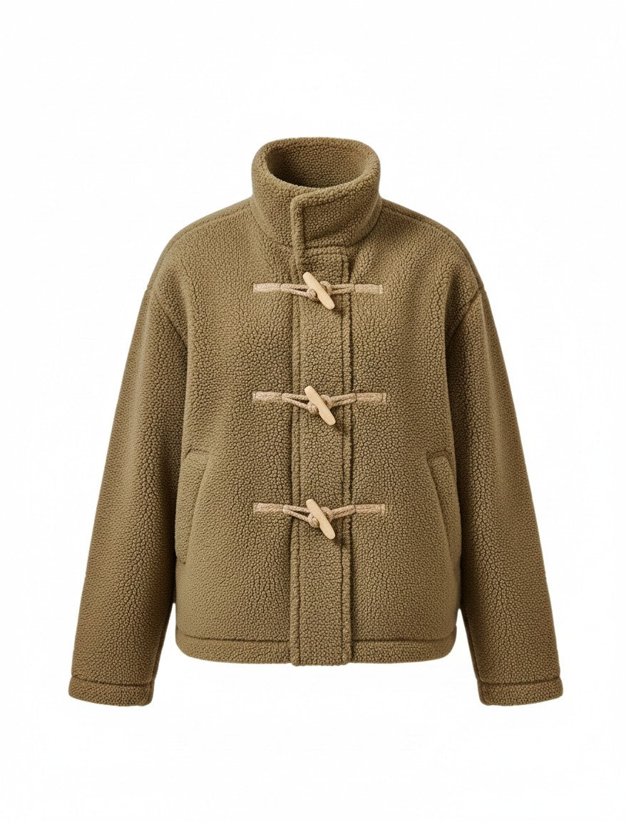 Laylace khaki polyester faux fur coat with a high collar and wooden toggle horn buttons for winter fashion